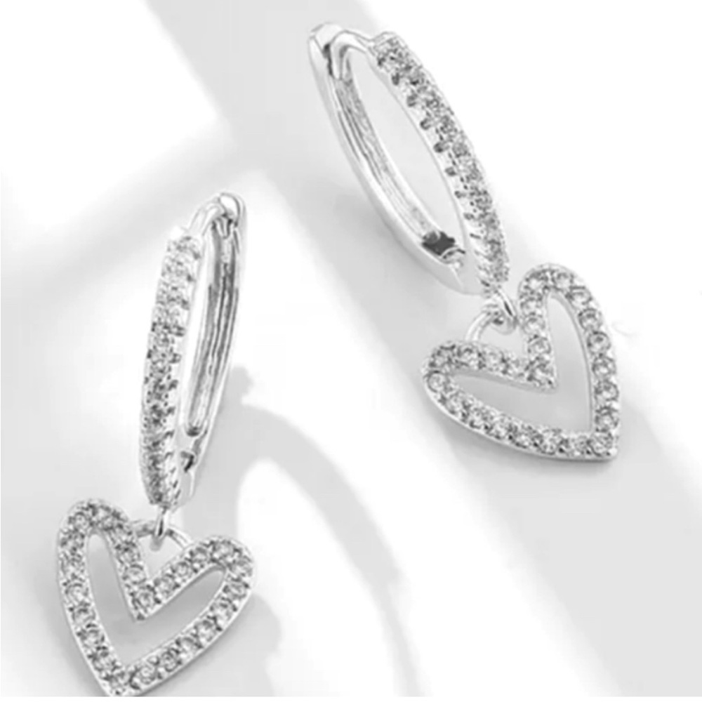 Silver Huggie Heart Drop Earrings - New